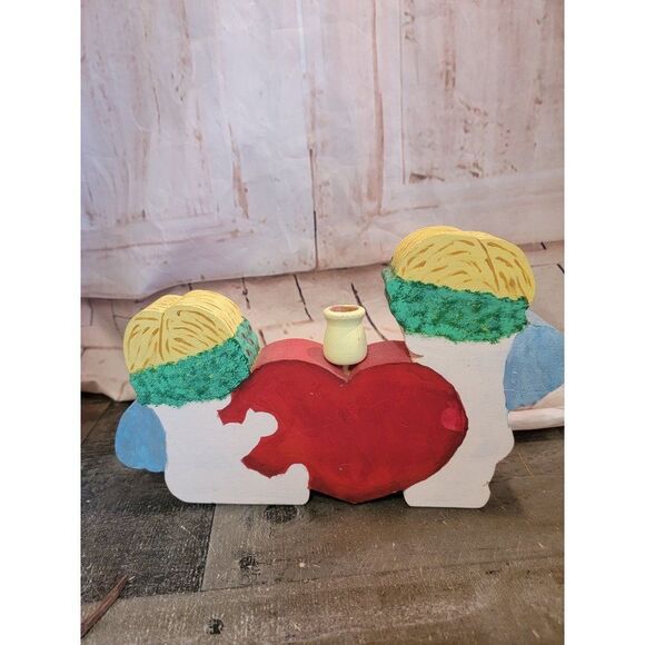 Wooden heart cherub Angel candlestick holder Decor figure - Picture 4 of 5